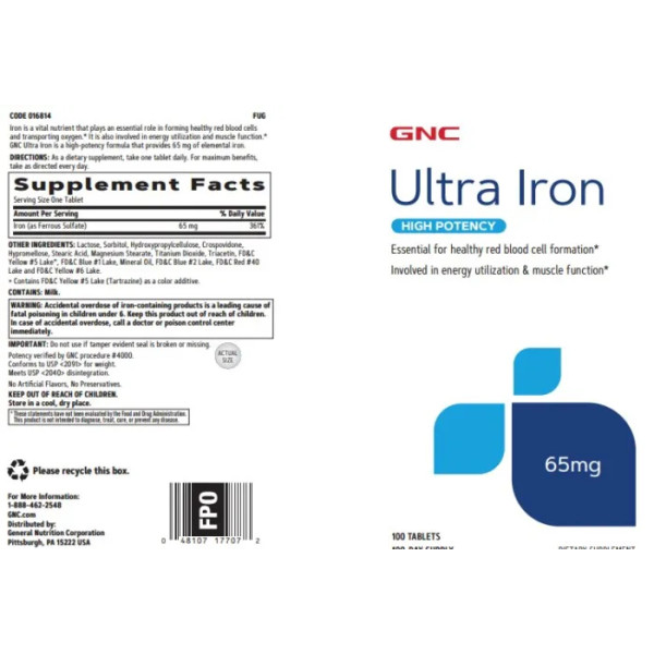 Залізо, Ultra Iron, GNC, 65 мг, 100 таблеток