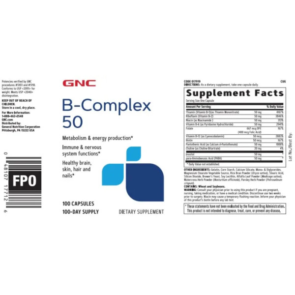 Комплекс вітамінів групи В, B-Complex 50, GNC, 100 капсул