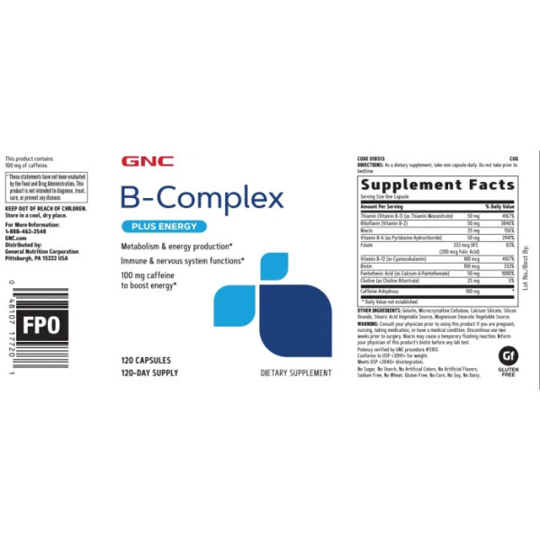 Комплекс вітамінів групи В + енергія, B-Complex + Energy, GNC, 120 капсул