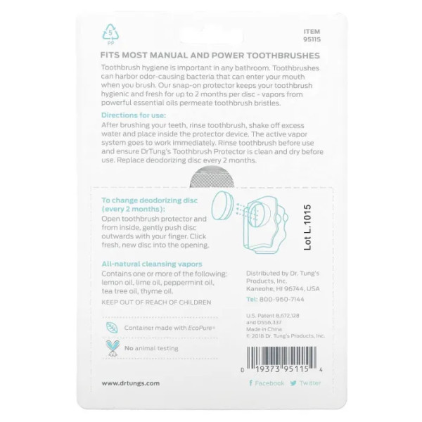 Протектор для зубної щітки, Snap-On Toothbrush Protection, Dr. Tung's, свіжа м'ята, 1600 мг