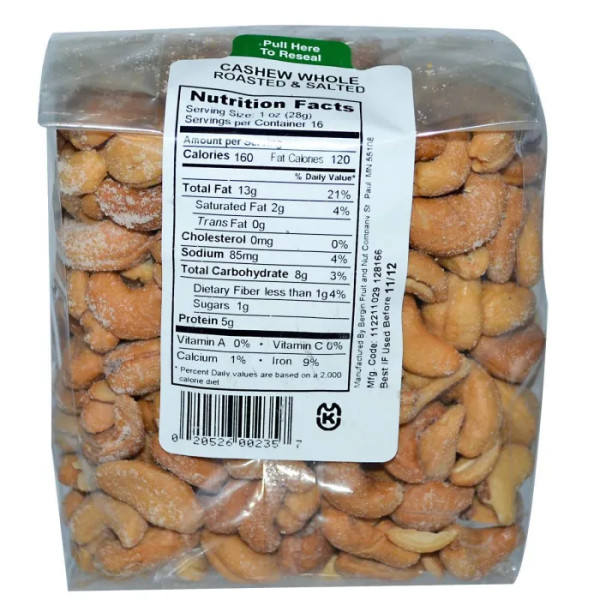 Підсмажений кешью з сіллю, Cashew, Bergin Fruit and Nut Company, 453,6 г