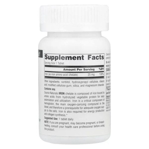 Залізо, Iron, Source Naturals, 25 мг, 100 таблеток