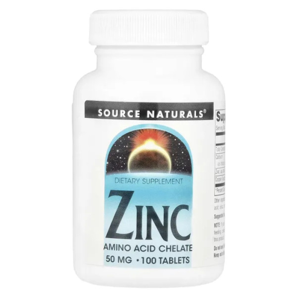 Цинк хелат, Zinc, Source Naturals, 50 мг, 100 таблеток