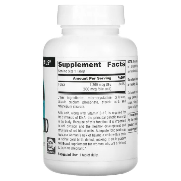 Фолієва кислота, Folic Acid, Source Naturals, 800 мкг, 500 таблеток