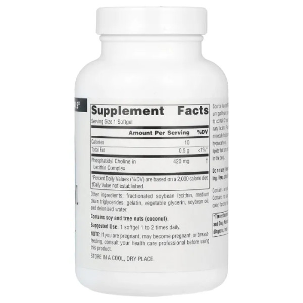 Фосфатидилхолін, Phosphatidyl Choline in Lecithin, Source Naturals, в комплексі лецитину, 420 мг, 90 гелевих капсул