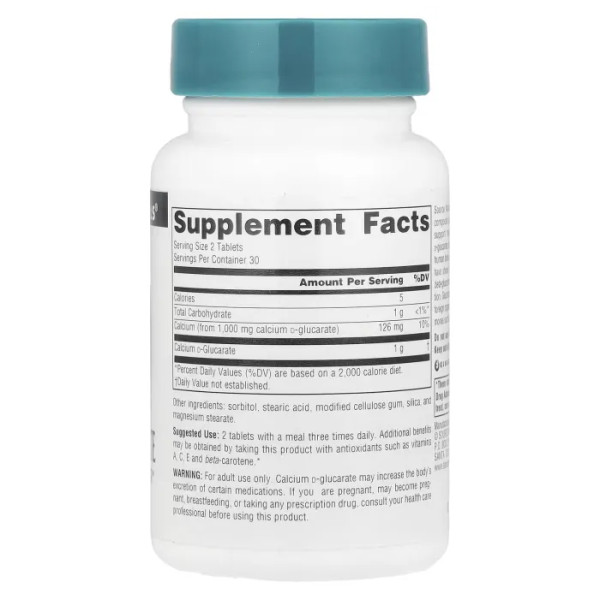 Кальцій Д-глюкарат, Calcium D-Glucarate, Source Naturals, 1000 мг, 60 таблеток (500 мг у кожній таблетці)