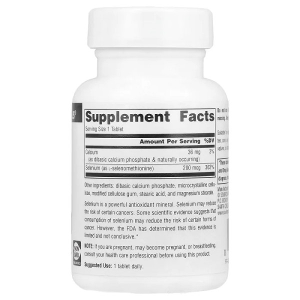 Селен, Selenium, Source Naturals, без дріжджів, 200 мкг, 60 таблеток