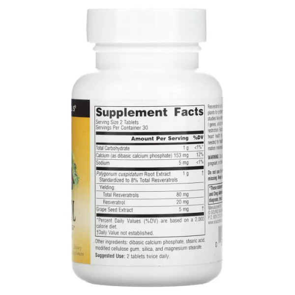Ресвератрол, Resveratrol, Source Naturals, 40 мг, 60 таблеток