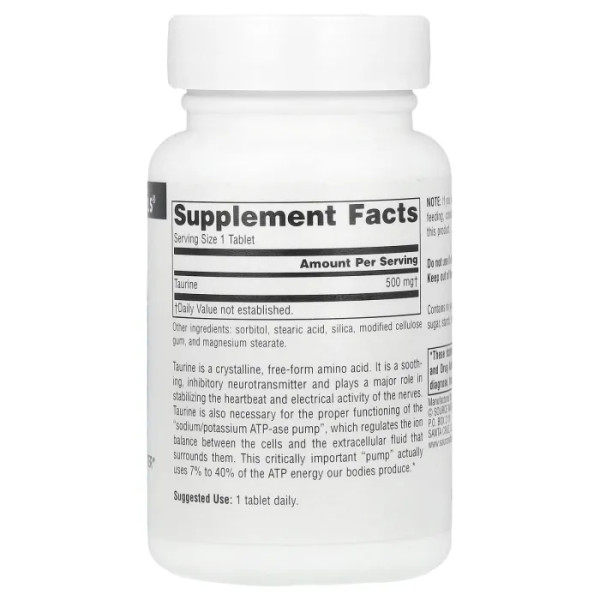 Таурін, Taurine, Source Naturals, 500 мг, 60 таблеток