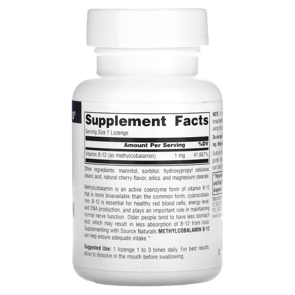 Вітамін В12 (метилкобаламін), MethylCobalamin, Source Naturals, вишня, 1 мг, 120 льодяників