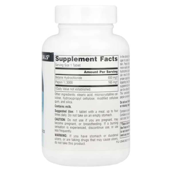 Бетаїн гідрохлорид, Betaine HCL, Source Naturals, 650 мг, 90 таблеток