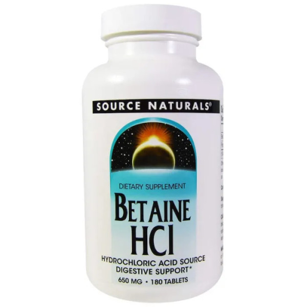 Бетаина гидрохлорид, Betaine HCL, Source Naturals, 650 мг, 180 таб.
