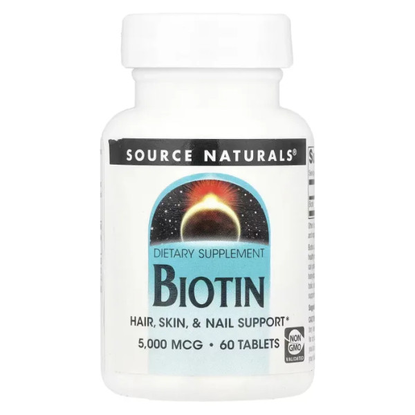 Біотин, Biotin, Source Naturals, 5000 мкг, 60 таблеток