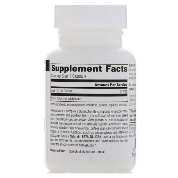 Бета глюкан, Beta Glucan, Source Naturals, 100 мг, 30 капсул