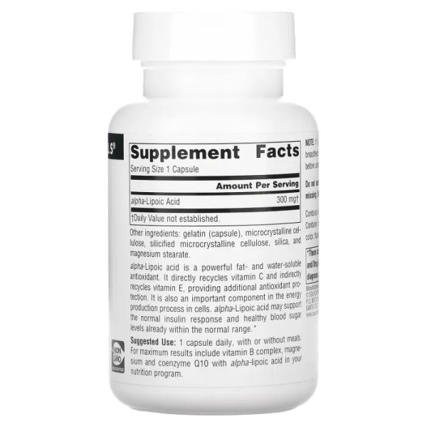 Альфа-липоевая кислота, Alpha Lipoic Acid, Source Naturals, 300 мг, 60 кап.