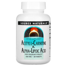 Ацетилкарнитин + альфа-липоевая кислота, Source Naturals Acetyl L-Carnitine & Alpha Lipoic Acid, 650 мг, 60 таблеток