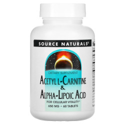 Ацетилкарнитин + альфа-липоевая кислота, Source Naturals Acetyl L-Carnitine & Alpha Lipoic Acid, 650 мг, 60 таблеток