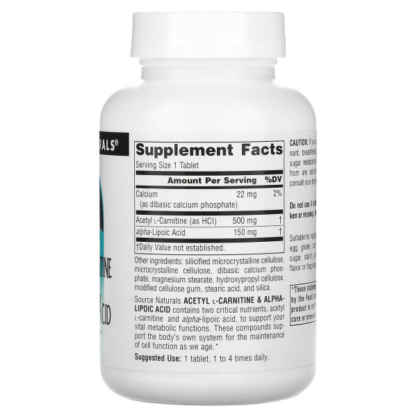 Ацетил карнітин + альфа-ліпоєва кислота, Acetyl L-Carnitine & Alpha Lipoic Acid, Source Naturals, 650 мг, 60 таблеток