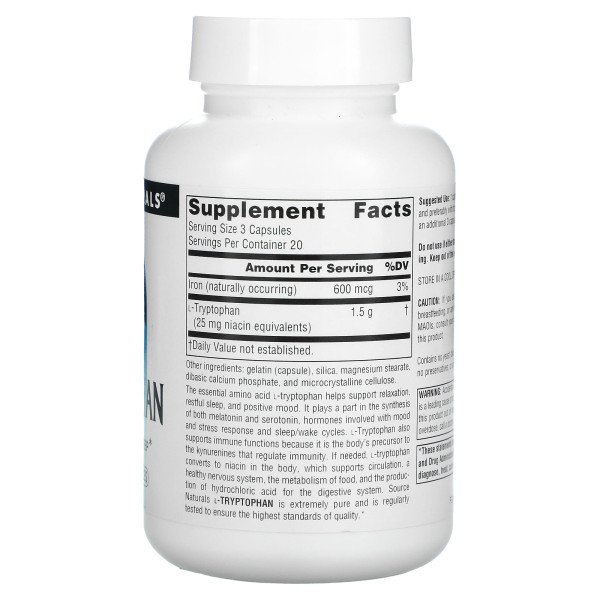 Триптофан, L-Tryptophan, Source Naturals, 500 мг, 60 капсул