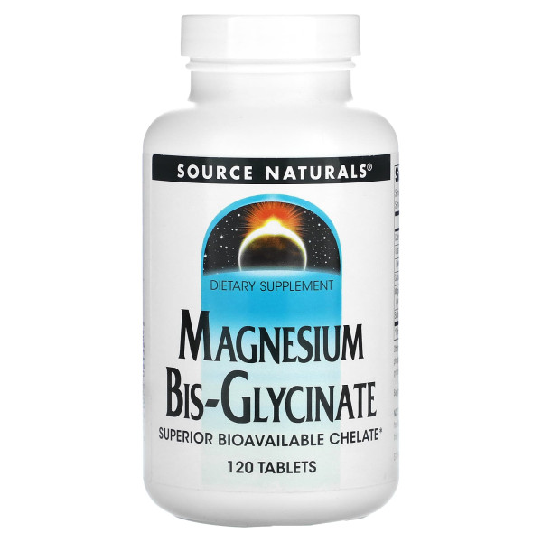 Магній та кальцій, Magnesium Bis-Glycinate, Source Naturals, 120 таблеток