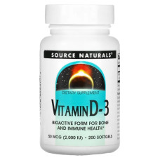 Витамин D-3 50 мкг (2000 МЕ), Source Naturals Vitamin D-3, 200 гелевые капсулы