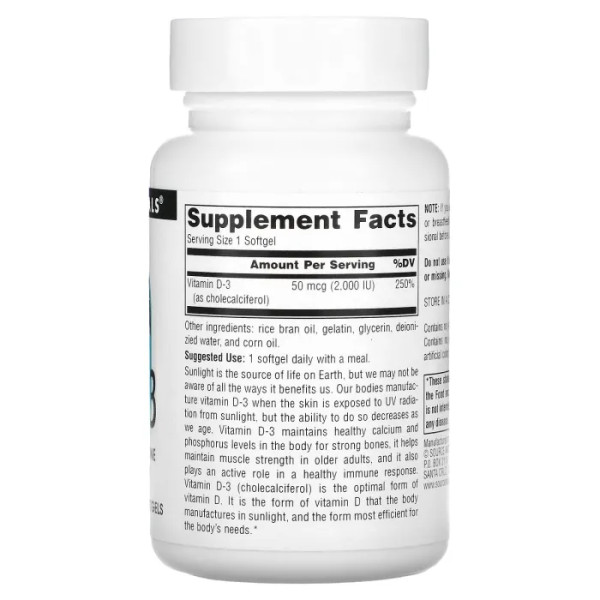 Витамин D-3, Vitamin D-3, Source Naturals, 50 мкг (2000 МЕ), 200 гелевые капсулы
