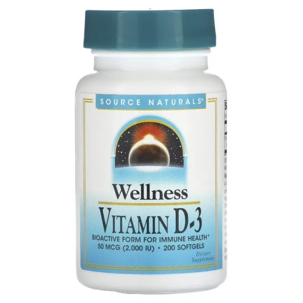 Вітамін D-3, Wellness Vitamin D-3, Source Naturals, 50 мкг (2000 МО), 200 гелевих капсул