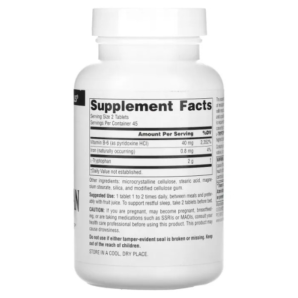 Триптофан, L-Tryptophan, Source Naturals, 1000 мг, 90 таблеток