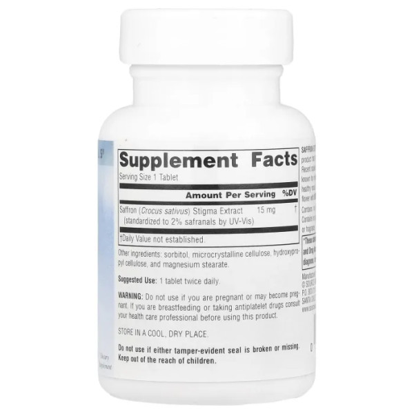 Шафран, Saffron Extract, Source Naturals, екстракт, 15 мг, 30 таблеток