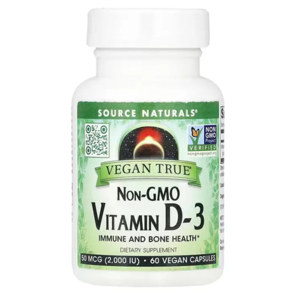 Вітамін D3, Non-GMO Vitamin D3, Source Naturals, Vegan True®, без ГМО, 50 мкг (2000 МО), 60 веганських капсул