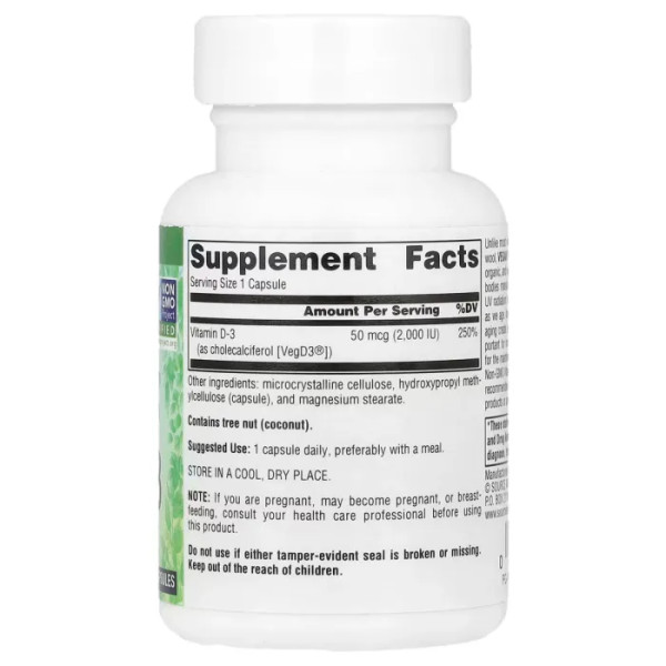 Вітамін D3, Non-GMO Vitamin D3, Source Naturals, Vegan True®, без ГМО, 50 мкг (2000 МО), 60 веганських капсул