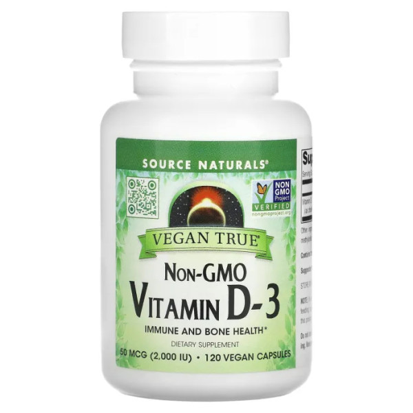 Вітамін D-3, Vitamin D-3, Source Naturals, без ГМО, 50 мкг (2000 МО), 120 веганських капсул