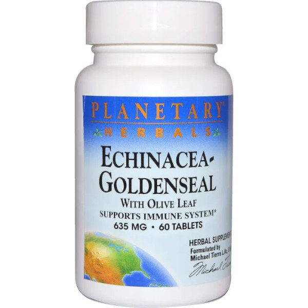 Эхинацея и гидрастис, Echinacea-Goldenseal, Planetary Herbals, с листьями оливы, 635 мг, 60 таблеток (317 мг в 1 таблетке)