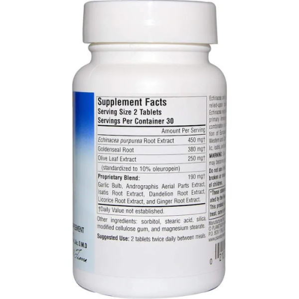 Эхинацея и гидрастис, Echinacea-Goldenseal, Planetary Herbals, с листьями оливы, 635 мг, 60 таблеток (317 мг в 1 таблетке)