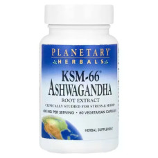Ашваганда KSM-66 600 мг, Planetary Herbals KSM-66 Ashwagandha, екстракт кореня 60 вегетаріанських капсул (300 мг на капсулу)