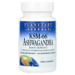 Ашваганда KSM-66 600 мг, Planetary Herbals KSM-66 Ashwagandha, екстракт кореня 60 вегетаріанських капсул (300 мг на капсулу)