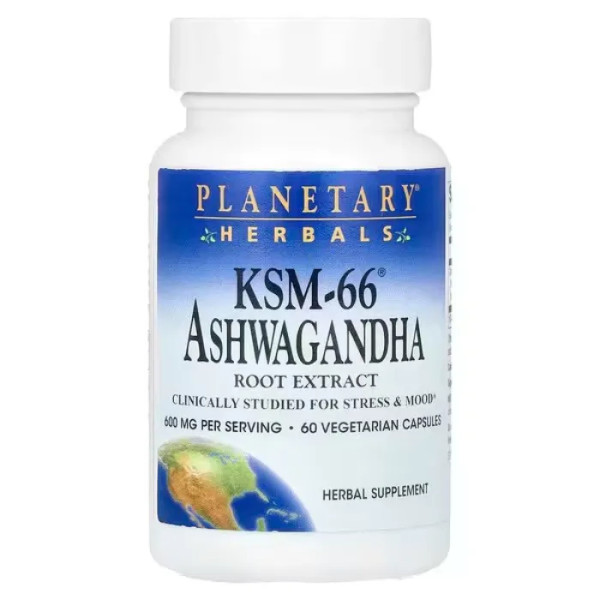 Ашваганда, KSM-66 Ashwagandha, Planetary Herbals, екстракт кореня, 600 мг, 60 вегетаріанських капсул (300 мг на капсулу)