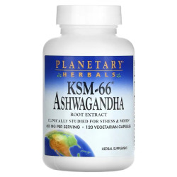 Ашваганда 600 мг, экстракт корня, KSM-66, Planetary Herbals KSM-66 Ashwagandha, 120 вегетарианских капсул, 300 мг в 1 капсуле