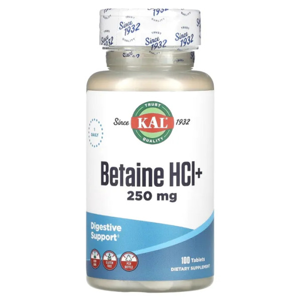Бетаїну гідрохлорид, Betaine HCl +, KAL, 250 мг, 100 таблеток