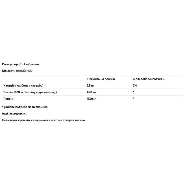 Бетаїну гідрохлорид, Betaine HCl +, KAL, 250 мг, 100 таблеток