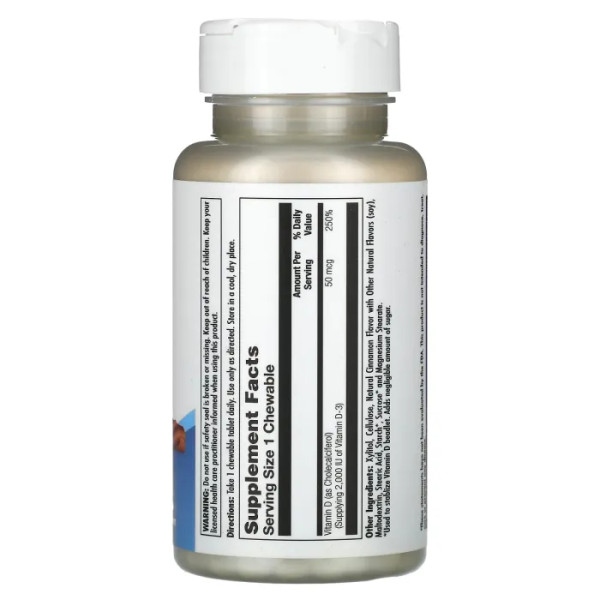 Вітамін D3, зі смаком кориці, Vitamin D-3, KAL, 2000 МО, 100 жувальних таблеток