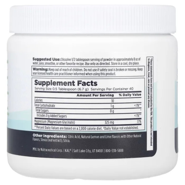 Магній гліцинат, Calming, Magnesium, KAL, підтримка настрою, смак - лимон та лайм, порошок, 270 г