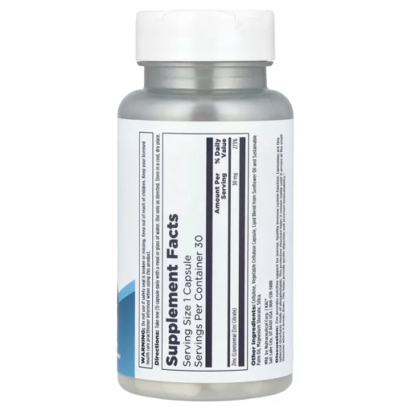 Цинк, Liposomal Zinc, KAL, ліпосомальний, висока ефективність, 30 мг, 30 вегетаріанських капсул