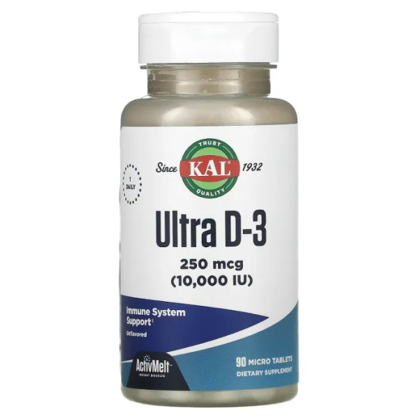 Вітамін D3, без ароматизаторів, Ultra D-3, Unflavored, KAL, 10000 МО, 90 мікротаблеток