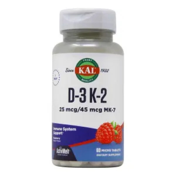 Вітаміни D-3 та K-2, Vitamin D-3 K-2, KAL, смак червоної малини, 1000 МО\/45 мкг MK-7, 60 мікротаблеток