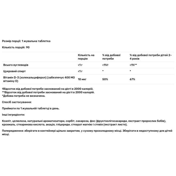 Вітамін D-3, Vitamin D-Rex, KAL, 400 МО, 90 жувальних таблеток (10 мкг у кожній)