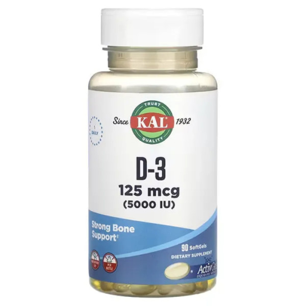 Вітамін D-3, Vitamin D-3, KAL, 125 мкг (5000 МО), 90 гелевих капсул