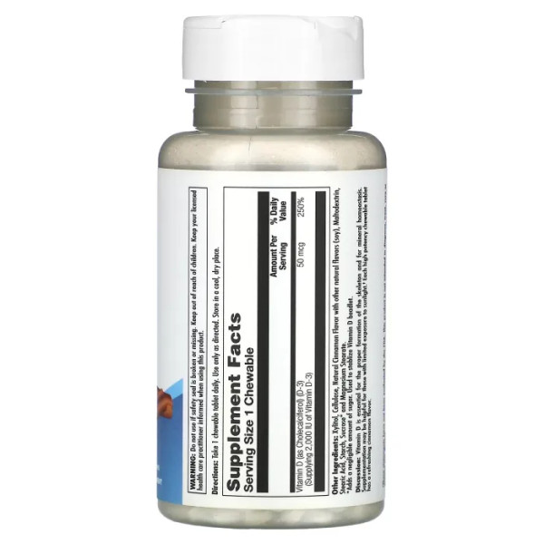 Вітамін D3, Vitamin D-3, KAL, зі смаком кориці, 50 мкг (2000 МО), 200 жувальних таблеток