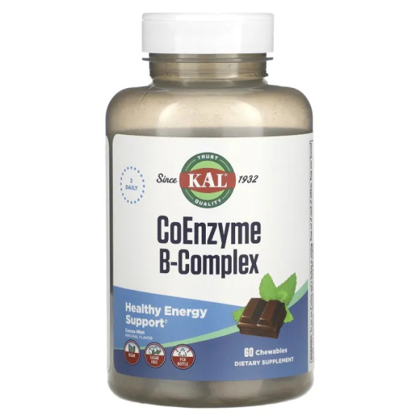 Комплекс вітамінів групи B, Coenzyme B-Complex, KAL, коензимний, какао та м'ята, 60 жувальних таблеток