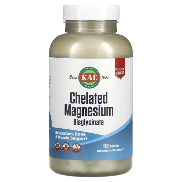 Хелатний бісглицинат магнію, Chelated Magnesium Bisglycinate, KAL, 180 таблеток